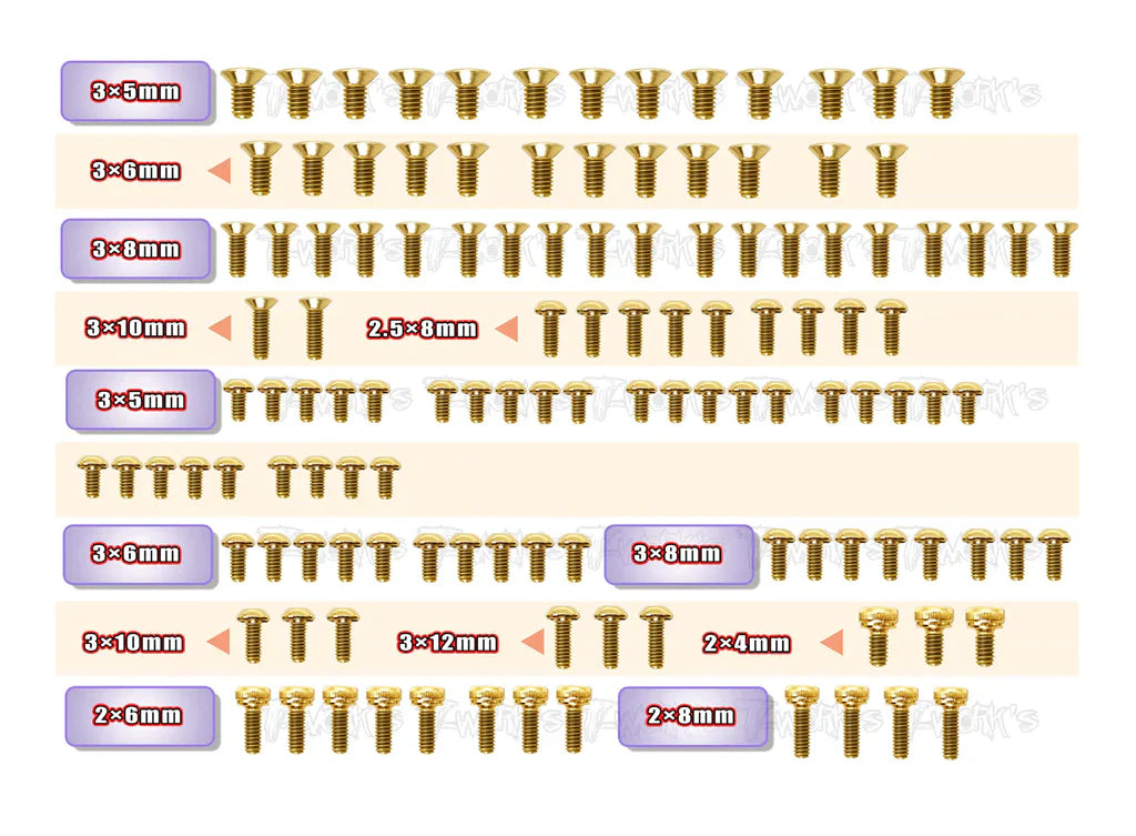 T-Works GSS-A800R Gold Plated Steel Screw Set 123pcs. for Awesomatix A800R - RCXX - rc racing for professionals