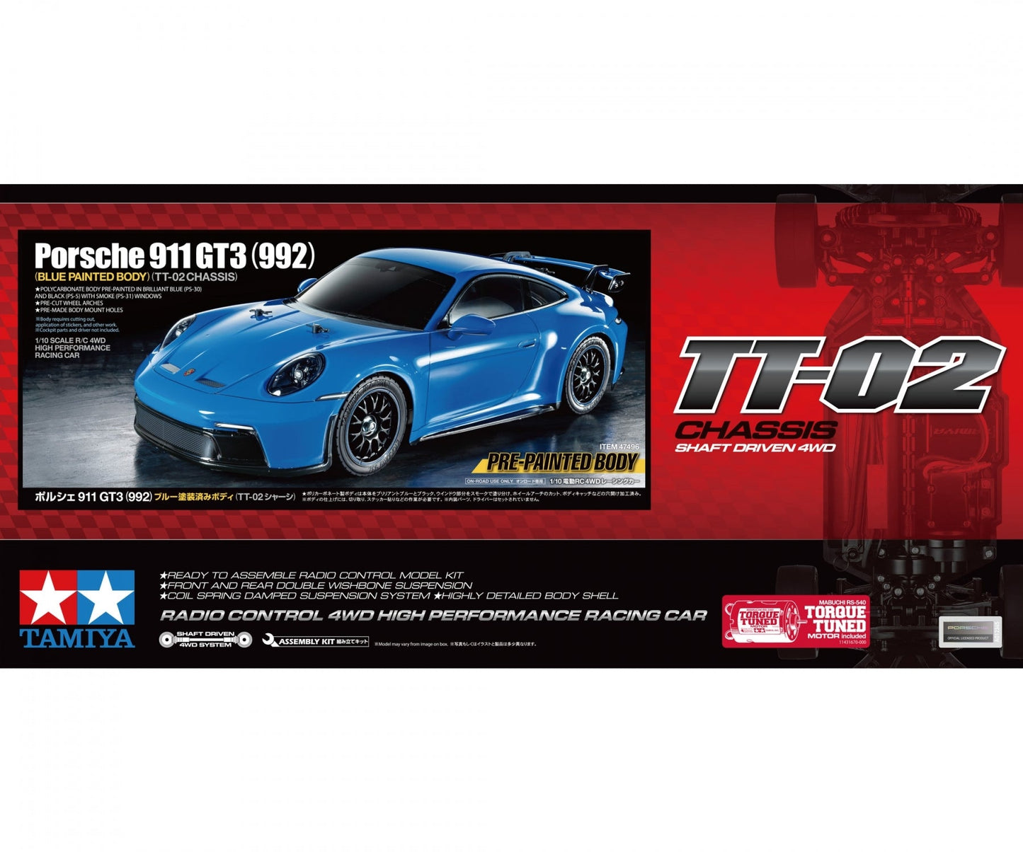 Tamiya Porsche 911 GT3 (992) 1/10 Blue Painted Body TT-02 - 47496A (ohne ESC) - RCXX - rc racing for professionals